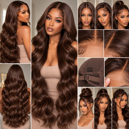 Chocolate Brown Lace Front Wig Human Hair – 36 Inch 200 Density HD 13x4 Body Wave Pre-Plucked Colored Wig for Women
