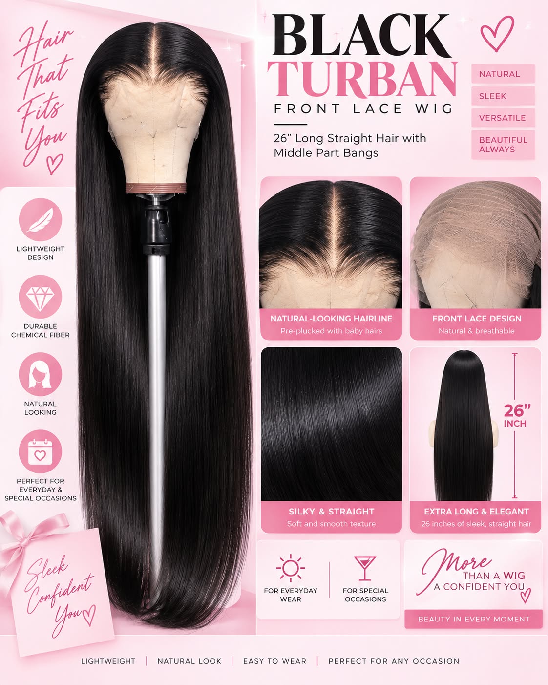 Black Turban Front Lace Wig – 26 Inch Long Straight Chemical Fiber Hair with Middle Part Bangs, Lightweight Design for Everyday and Special Occasions