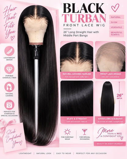 Black Turban Front Lace Wig – 26 Inch Long Straight Chemical Fiber Hair with Middle Part Bangs, Lightweight Design for Everyday and Special Occasions
