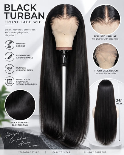 Black Turban Front Lace Wig – 26 Inch Long Straight Chemical Fiber Hair with Middle Part Bangs, Lightweight Design for Everyday and Special Occasions
