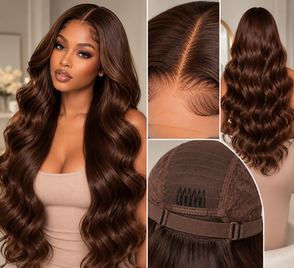 Chocolate Brown Lace Front Wig Human Hair – 36 Inch 200 Density HD 13x4 Body Wave Pre-Plucked Colored Wig for Women