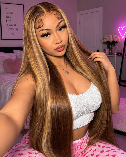 Honey Blonde Lace Front Wig – 18 Inch Straight Highlight Human Hair with 180% Density, Ombre Color, Pre-Plucked Hairline and Transparent Lace