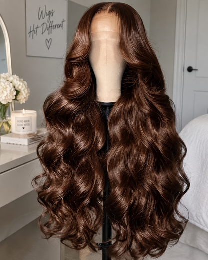 Chocolate Brown Lace Front Wig Human Hair – 36 Inch 200 Density HD 13x4 Body Wave Pre-Plucked Colored Wig for Women
