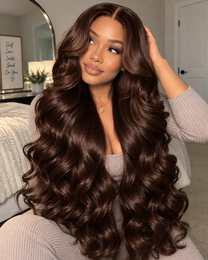 Chocolate Brown Lace Front Wig Human Hair – 36 Inch 200 Density HD 13x4 Body Wave Pre-Plucked Colored Wig for Women
