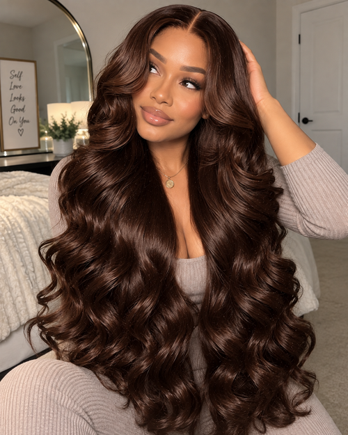 Chocolate Brown Lace Front Wig Human Hair – 36 Inch 200 Density HD 13x4 Body Wave Pre-Plucked Colored Wig for Women