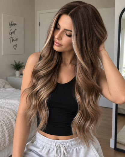 Brown Blonde Wig – 24 Inches Long Wavy Synthetic Hair with Ombre Highlights, Heat Resistant Design for Women with Included Wig Cap