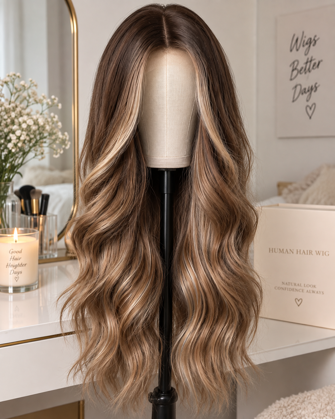 Brown Blonde Wig – 24 Inches Long Wavy Synthetic Hair with Ombre Highlights, Heat Resistant Design for Women with Included Wig Cap