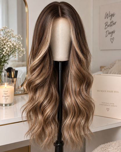 Brown Blonde Wig – 24 Inches Long Wavy Synthetic Hair with Ombre Highlights, Heat Resistant Design for Women with Included Wig Cap