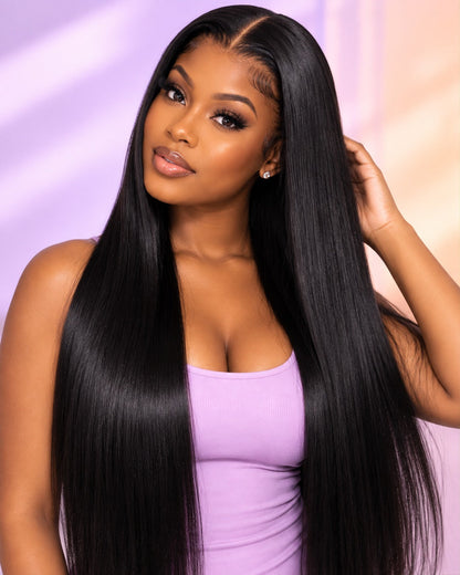 Black Turban Front Lace Wig – 26 Inch Long Straight Chemical Fiber Hair with Middle Part Bangs, Lightweight Design for Everyday and Special Occasions