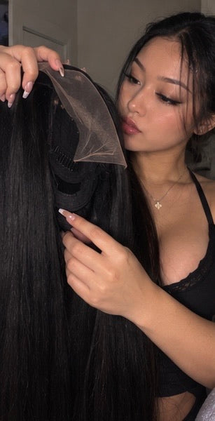Black Turban Front Lace Wig – 26 Inch Long Straight Chemical Fiber Hair with Middle Part Bangs, Lightweight Design for Everyday and Special Occasions