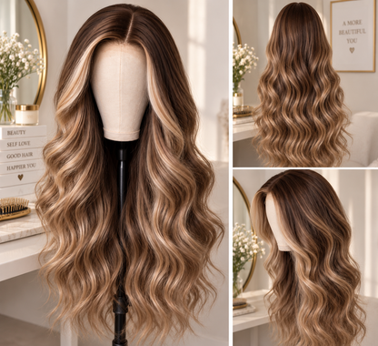 Brown Blonde Wig – 24 Inches Long Wavy Synthetic Hair with Ombre Highlights, Heat Resistant Design for Women with Included Wig Cap
