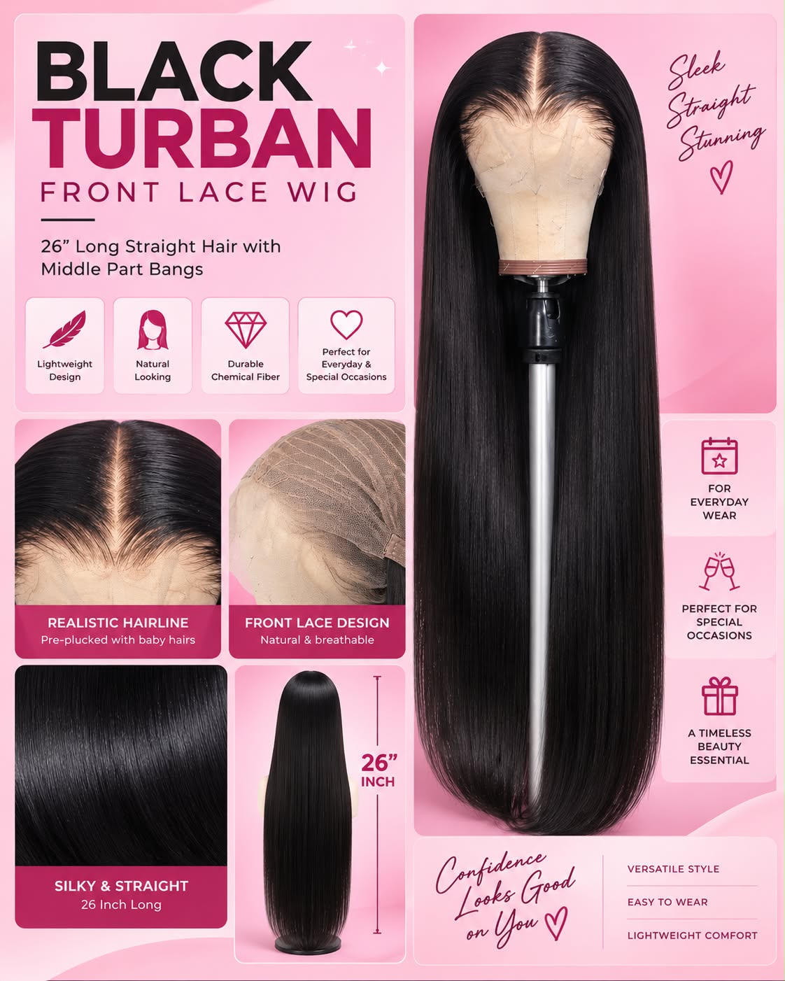 Black Turban Front Lace Wig – 26 Inch Long Straight Chemical Fiber Hair with Middle Part Bangs, Lightweight Design for Everyday and Special Occasions